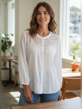 Zac & Rachel White Eyelet Yoke Button-Down Blouse